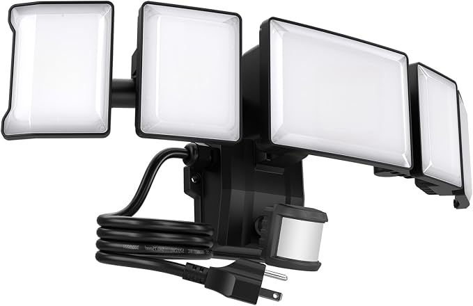 Olafus 180W Motion Sensor Outdoor Light Plug in, 18000LM Motion Flood Light Dusk to Dawn, IP65 Waterproof Exterior LED Security Lights, 5 Heads Motion Detector Yard Lights for Garage Backyard - Black