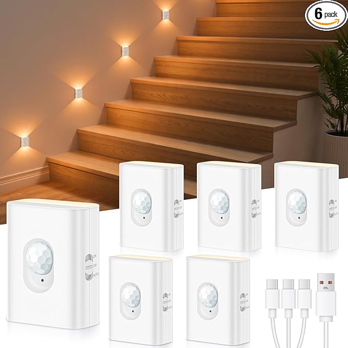 WILLED Rechargeable Motion Sensor Stair Lights Indoor, Warm White Magnetic Stick-on Battery Powered Night Lights for Stairway, Hallway, Bedroom, Closet, 6 Pack