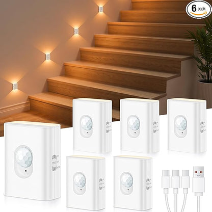 WILLED Rechargeable Motion Sensor Stair Lights Indoor, Warm White Magnetic Stick-on Battery Powered Night Lights for Stairway, Hallway, Bedroom, Closet, 6 Pack