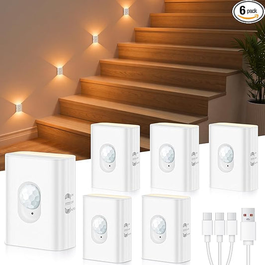 WILLED Rechargeable Motion Sensor Stair Lights Indoor, Warm White Magnetic Stick-on Battery Powered Night Lights for Stairway, Hallway, Bedroom, Closet, 6 Pack