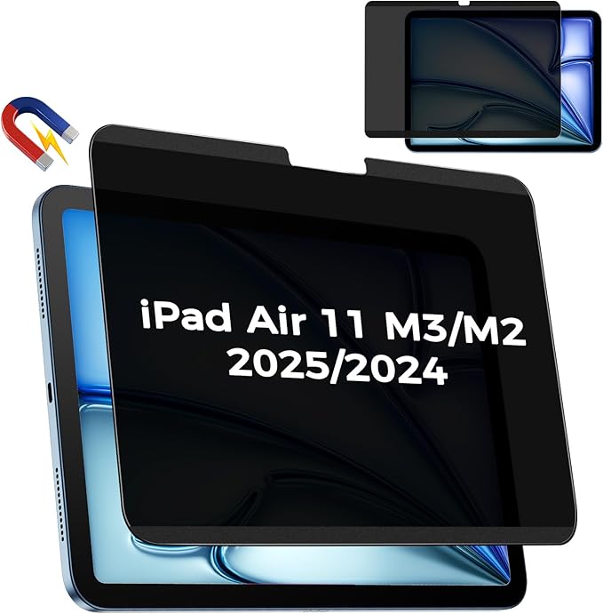 4-Way Magnetic Privacy Screen for iPad Air 11 Inch 2024/2025 (M2/M3, 6th/7th Gen), Removable 360° Private Filter for iPad Air 11, Anti Glare Bubble-Free Easy Install Security Protector, 1 Pack