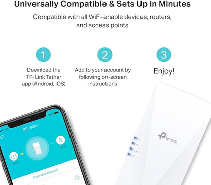 TP-Link AX3000 WiFi 6 Range Extender Internet Booster(RE700X), Dual Band, AP Mode w/Gigabit Port, OFDMA, Beamforming, APP Setup, OneMesh Compatible