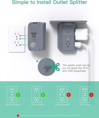 Wall Outlet Extender with Shelf and Night Light, Surge Protector, USB Wall Charger with 5 AC Outlets and 2 USB A Ports 2 USB C Ports Wide Space 3-Sided Power Strip Multi Plug Outlets, Gray