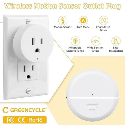 Motion Sensor Plug,Greencycle Wireless Motion Sensor Outlet with Timer Setting,PIR Sensor Plug to Auto Turn On/Off,Adjustable Detection Range,15A/1500W for Christmas Lights,Fans（1 Sensors 2 Plugs）