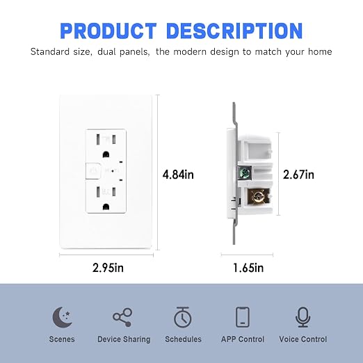 Smart Wall Outlet, TR Receptacle, 2.4 Ghz WiFi, Alexa&Google, ETL&FCC