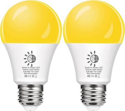 Flaspar Dusk to Dawn LED Yellow Bug Light Bulbs Outdoor, A19 6W Bug Lights for Outside, 40W Equivalent, Non-Attracting, E26 Base, Ideal for Photocell Sensor Porch Patio, Deck, Backyard, 2 Pack