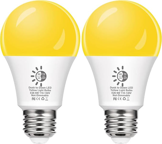 Flaspar Dusk to Dawn LED Yellow Bug Light Bulbs Outdoor, A19 6W Bug Lights for Outside, 40W Equivalent, Non-Attracting, E26 Base, Ideal for Photocell Sensor Porch Patio, Deck, Backyard, 2 Pack