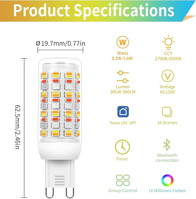 I-SHUNFA Smart G9 RGBCW LED Bulbs, App Control, AC 120V, 2700K-6500K + 16M Colors, Dimmable 1%-100%, 4W 400LM, Music Sync, Timer (3 Pack Bulbs Only)