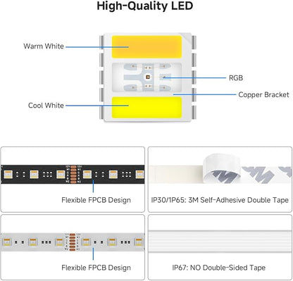 BTF-LIGHTING RGBCCT LED Strip UL Listed 16.4ft 60LED/m 300LED DC12V IP30 | White LED Tape 12mm wide 5 Colors in 1 RGB+Dimmable Tunable Color Temperature 2700K-6500K for Decor(No Adapter or Controller)