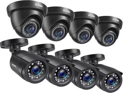 ZOSI HD-TVI Security Cameras: 4-Pack Bullet and 4-Pack Dome, 1080P 2MP 1920TVL, 80ft IR Night Vision, Indoor Outdoor Weatherproof for 4K/5MP/1080P CCTV DVR.