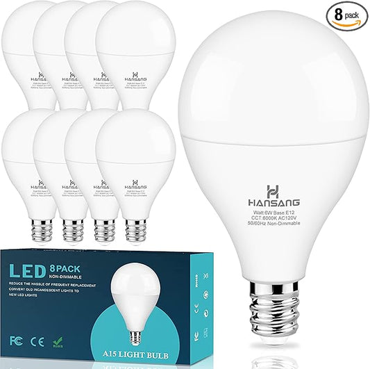 8 Pack Ceiling Fan Light Bulbs E12 Base, 60Watt Equivalent, 6000K Cool Daylight, A15 Small Candelabra Base Chandelier Bulbs, 600LM, 120V, CRI 85+, Non-dimmable