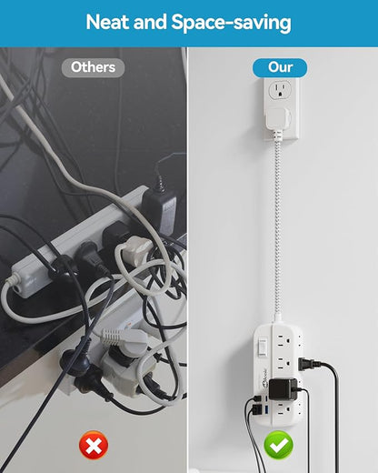 Short Extension Cord 2 Foot - Power Strip Flat Plug Surge Protetor with 8 Outlets 4 USB (2 USB C) Charging Ports, Multi Plug Wall Outlet Splitter for Kitchen Bathroom Hotel Office Desktop Accessories