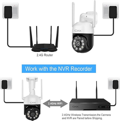 CKK 2K Security Camera Wireless Outdoor, 2.4G/5G Wireless, 360 Degree PTZ, PIR Motion Detection, Color Night Vision, 2-Way Talk, IP66 Waterproof, Audible & Floodlight Alarm for Home, Garage and Yard