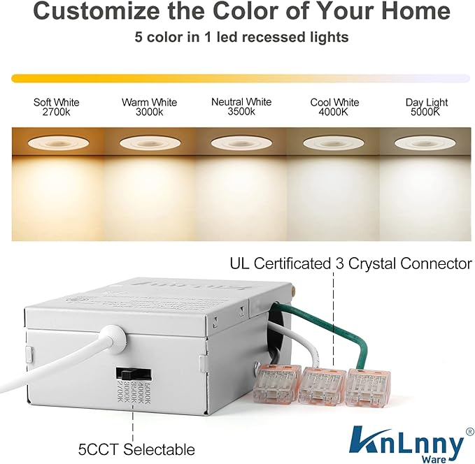 KnLnny Ware Gimbal Recessed Lighting 4 Inch 6 Pack, LED Recessed Light Dimmable with Junction Box,Adjustable Recessed Lighting, Air Tight,ETL Listed,9W 750LM,5 CCT Selectable