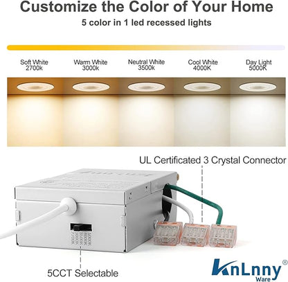 KnLnny Ware Gimbal Recessed Lighting 4 Inch 6 Pack, LED Recessed Light Dimmable with Junction Box,Adjustable Recessed Lighting, Air Tight,ETL Listed,9W 750LM,5 CCT Selectable