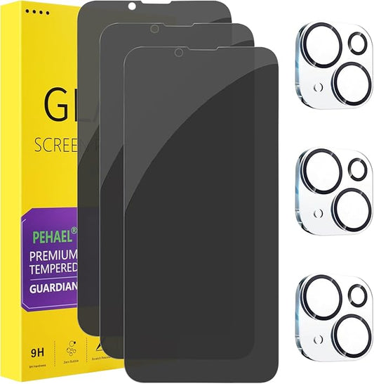PEHAEL 3+3 Pack for iPhone 13 Mini Privacy Screen Protector with Camera Lens Protector Full Coverage Anti-Spy Tempered Glass Film 9H Hardness Easy Installation Bubble Free [5.4 inch]