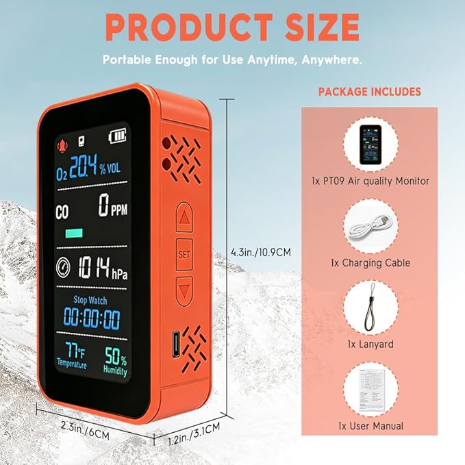 Portable Outdoor Environmental Monitor with O₂ & CO Level Tracking, Barometric Pressure, Temperature & Humidity, LED Flashlight and Stopwatch, Rechargeable Handheld Device for RV & Camping