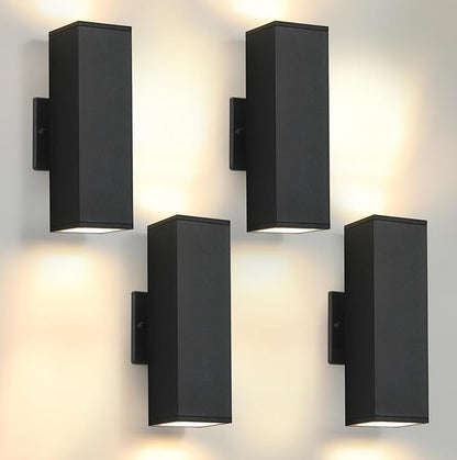 tewei 4 Pack LED Square Up and Down Lights Outdoor Wall Lights, Matte Black Exterior Lighting Fixtures with 7W LED Bulbs, Modern Outdoor Lights for House, Garage, Porch, Doorway