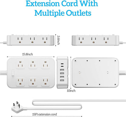 Flat Plug Power Strip Surge Protector with 12 AC Outlets 6 USB Ports 3 Side Multi Plug Outlet Extender 15 Ft Extension Cord for Home Office Kitchen Dorm Wall Desk Charging Station ETL Listed