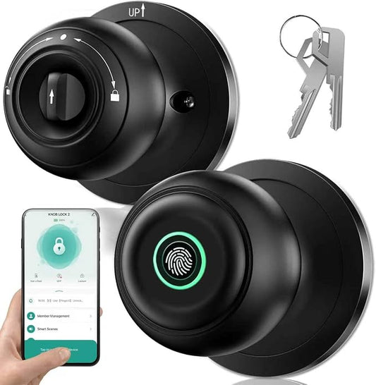 Smart Door Knob with Lock, Keyless Entry Fingerprint Door Lock, Stain Black | Smart Lock with Auto-Lock , App, Key, Fingerprint Door Locks for Front Door, Garage, Apartment, Hotel, Interior, Exterior