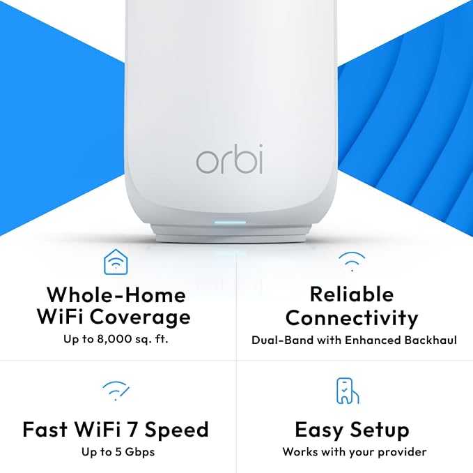 NETGEAR Orbi 370 Series Dual-Band WiFi 7 Mesh System for Home (RBE374) - Wireless Router (no Modem) + 3 Extenders, Security Features, 5 Gbps, Covers 8,000 sq.ft., 70 Devices, 2.5GB Port, BE5000