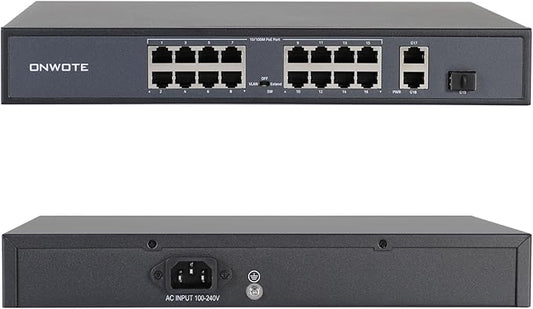 ONWOTE 16 Ports Ethernet PoE Switch @ 300W, 2 x Uplink Gigabit RJ45 Ports, 1 x SFP Slot, Support 4K 8MP 5MP PoE IP Security Cameras, Add-on PoE Injector to PoE NVR System