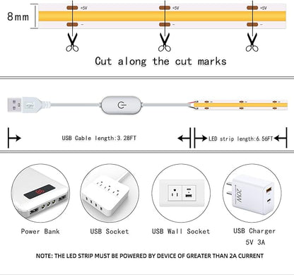 Led Strip Lights 5V USB 6.56ft/2m 640 LEDs Touch stepless Dimmable USB COB LED Strip Light 6500K White 10W Flexible 5v led for Bedroom Kitchen,Room Decor,3D Printing Lighting (3Pack)