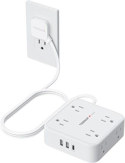 TESSAN Surge Protector Power Strip, 5 Ft Flat Plug Extension Cord with 3 USB (1 USB C) 8 Outlets, 1250W, 900J Protection, 3 Sided Outlet Extender with Power Switch for Office, Dorm Room, White