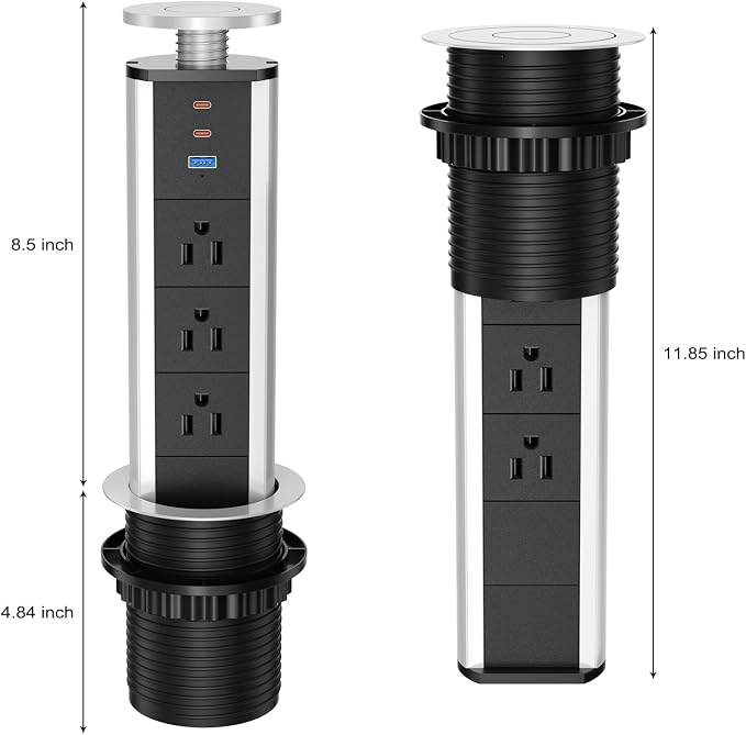Pop Up Outlet for Countertop, Pop Up Socket with 3 AC Outlets and 2 PD 20W USB-C & 1 USB-A Ports, Pull Pop Up Power Outlet for Kitchen Conference Office, 3-3/8 Inch(85MM) Hole Grommet Power Strip