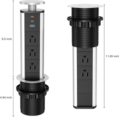 Pop Up Outlet for Countertop, Pop Up Socket with 3 AC Outlets and 2 PD 20W USB-C & 1 USB-A Ports, Pull Pop Up Power Outlet for Kitchen Conference Office, 3-3/8 Inch(85MM) Hole Grommet Power Strip