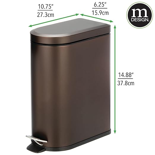 mDesign Small 2.6 Gallon/10 Liter Stainless Steel Metal Step Trash Can Garbage Bin for Bathroom, Bedroom, Home Office, D-Shape Trashcan with Foot Pedal/Lid, Removable Liner Bucket with Handles, Bronze