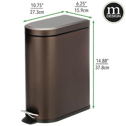 mDesign Small 2.6 Gallon/10 Liter Stainless Steel Metal Step Trash Can Garbage Bin for Bathroom, Bedroom, Home Office, D-Shape Trashcan with Foot Pedal/Lid, Removable Liner Bucket with Handles, Bronze