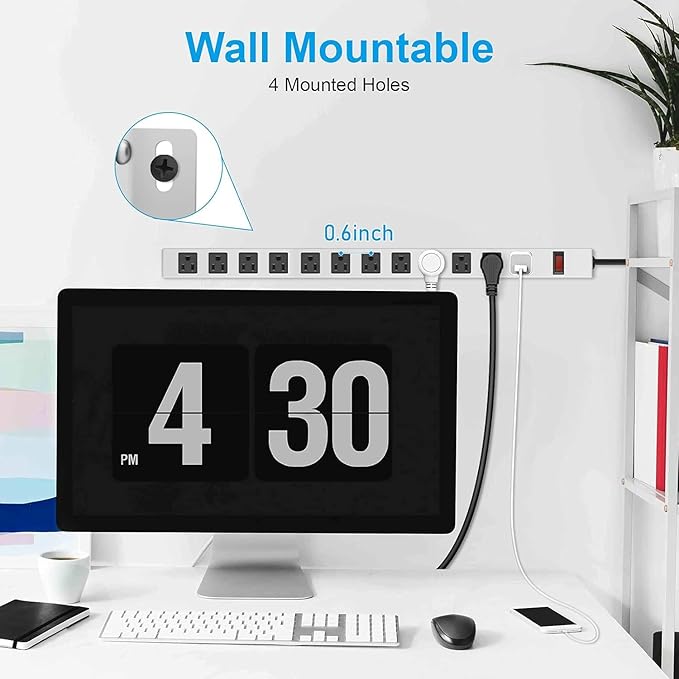 JUNNUJ Metal 12 Outlet Power Strip, Mountable Heavy Duty Power Strip, 1200J Surge Protector Wall Mount Screws Outlet with Switch, Gaming Desk Strips Wide Spaced 15A 125V 1875W, 3 FT 14AWG Power Cord