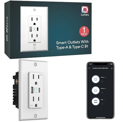 Lumary Smart Outlet with USB-A/C Ports 110V 15A, Timer, Remote Control, FCC | Tamper-Resistant, Group, No Hub Required, 2.4G WiFi Wall Outlet, Works with Alexa/Google Home, Kitchen/Bedroom/Office, 1 Pack