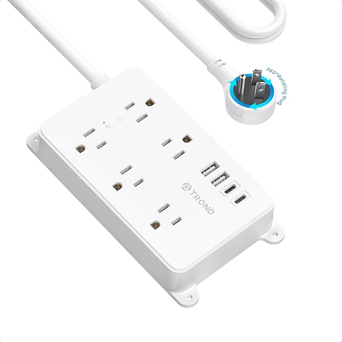 TROND 360° Rotating Plug Power Strip, 10ft Extension Cord, ETL Listed, 5 Widely-Spaced Outlets with 4 USB Ports, 1300J Surge Protection, Wall Mountable, Under Desk, for Home Office, White