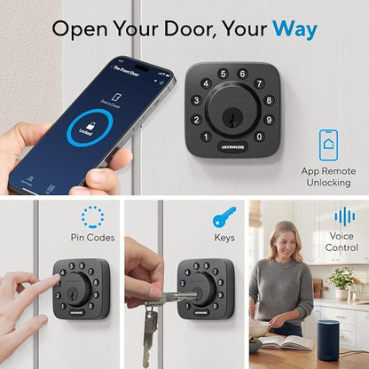 ULTRALOQ U-Bolt WiFi Smart Lock with Door Sensor, Built in Wi-Fi Keypad Deadbolt Lock for Front Door, Remote Control, Auto-Lock, Compatible with Alexa, Google, SmartThings, Easy Install, Matte Black