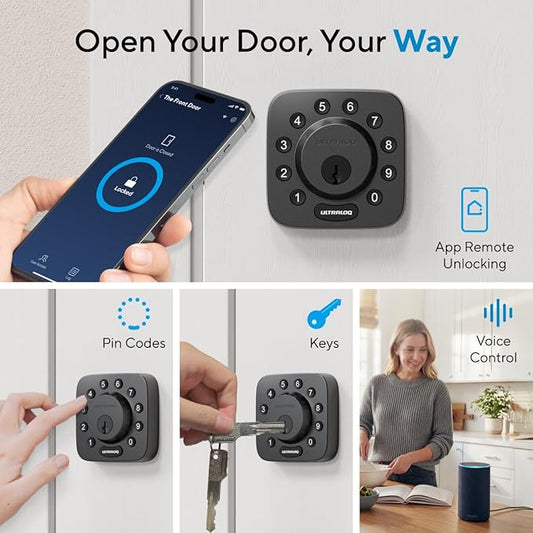 ULTRALOQ U-Bolt WiFi Smart Lock with Door Sensor, Built in Wi-Fi Keypad Deadbolt Lock for Front Door, Remote Control, Auto-Lock, Compatible with Alexa, Google, SmartThings, Easy Install, Matte Black