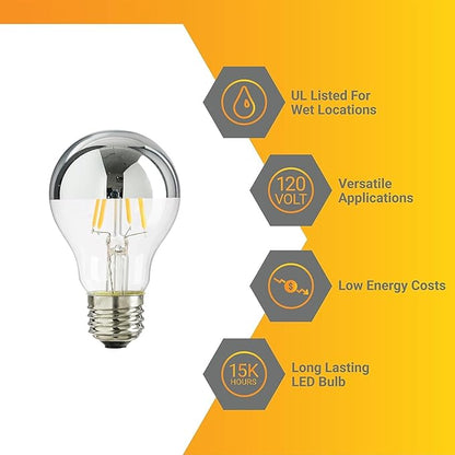 Diodesy- Half Chrome Dimmable LED Light Bulb A19 Round Shape 6W (40W Equivalent) E26 Base 2200K Amber Light 540LM Silver Bowl Edison Chrome Tipped Reflected Glass for Bathroom Vanity Mirror Pack of 6