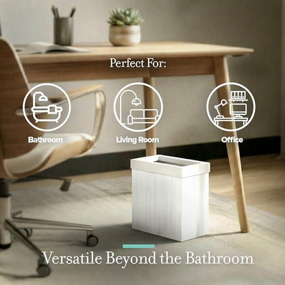 Gatco Small Bathroom Trash Can with Lid, Rectangle 3 Gallon Wastebasket, Under Sink, White Oak with Matte White, for Bathroom, Bedroom, Office (1943W)