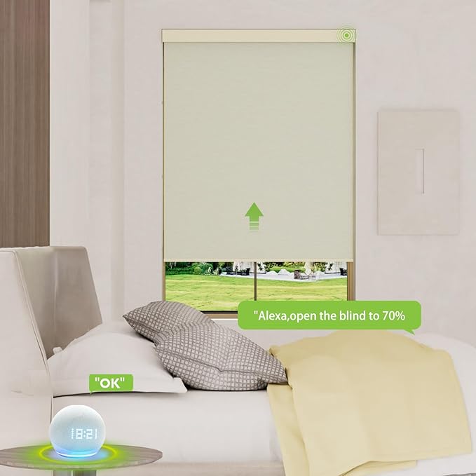 Motorized Blinds with Remote，100% Blackout Smart Blinds Motorized Roller Shades Compatible with Alexa Automatic Blinds for Windows Electric Window Blinds Customized Size Starlight Beige