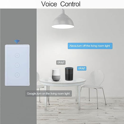 WiFi Smart Touch Wall Light Switch Glass Panel Wireless Remote Control by Mobile Smart Life APP Anywhere Compatible with Alexa,Timing Function No Hub RequiredTuya Smart Assistant (3 Gang White)