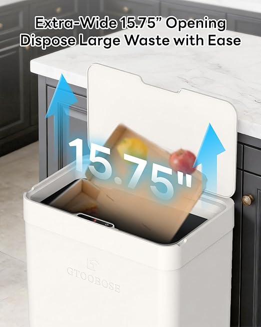13 Gallon / 50L Touchless Automatic Trash Can, Slim Motion Sensor Kitchen Garbage Can, Stainless Steel, Soft Close Lid, Fingerprint Resistant, Hands-Free, Odor Control, White