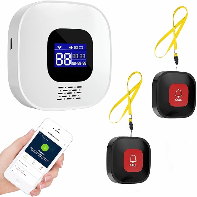 WiFi Caregiver Pager with No Monthly Fee - Smart Call System with LED Display & App Alerts, 2 SOS Panic Buttons & 1 Receiver, Emergency Alert for Elderly Home Care (2.4GHz WiFi Only)