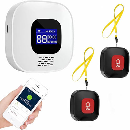 WiFi Caregiver Pager with No Monthly Fee - Smart Call System with LED Display & App Alerts, 2 SOS Panic Buttons & 1 Receiver, Emergency Alert for Elderly Home Care (2.4GHz WiFi Only)