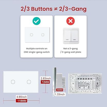 Smart Switch 118X72X34MM Neutral/No Neutral Wire Required, 2.4GHz Wi-Fi,Compatible with Alexa and Google Home 220V, White 2 Gang 1 Pack
