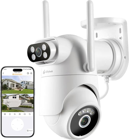 Kittyhok Dual Lens 2K Wireless Security Camera Outdoor, 2.4/5GHz WiFi, 360° PTZ, Auto Tracking, Motion Detection, Night Vision, 2-Way Audio, 24/7 Record