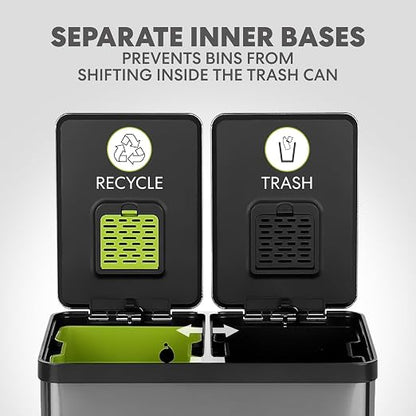 Simpli-Magic 16 Gallon (60L) Elegant Black Step Trash Can – Dual Compartment Kitchen Garbage Can with Waste & Recycling Bins – Slow-Close Lid, Odor Control, Hands-Free, Premium Stainless Steel