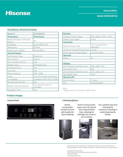 Hisense 50-Pint 3-Speed Built-in Pump Dehumidifier, 3 Modes (Auto, Continuous, Manual), LED display, Noise level 48 dB, up to 4500 sq ft, 115v – DH7021KP1G (Renewed)