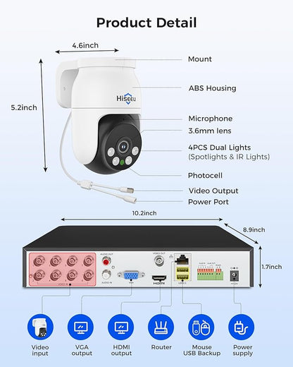 Hiseeu 4K PTZ Wired Security Camera System with 8 x 8MP IP67 CCTV Cameras,8MP DVR,360° Coverage,Smart Color Night Vision,Audio,Person/Vehicle Detection,2TB HDD for 24/7 Recording,Surveillance DVR Kit