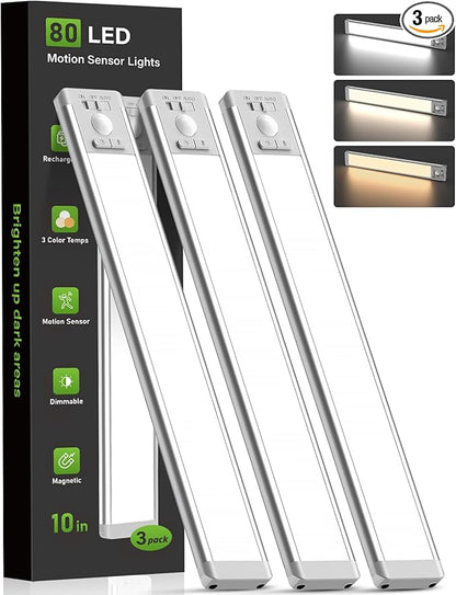 MCGOR 3 Pack 10inch Under Cabinet Lighting, Rechargeable Motion Sensor Light Indoor with 3 Color Temps, Dimmable Magnetic Led Closet Lights, Wireless Under Counter Lights for Kitchen, Stairs